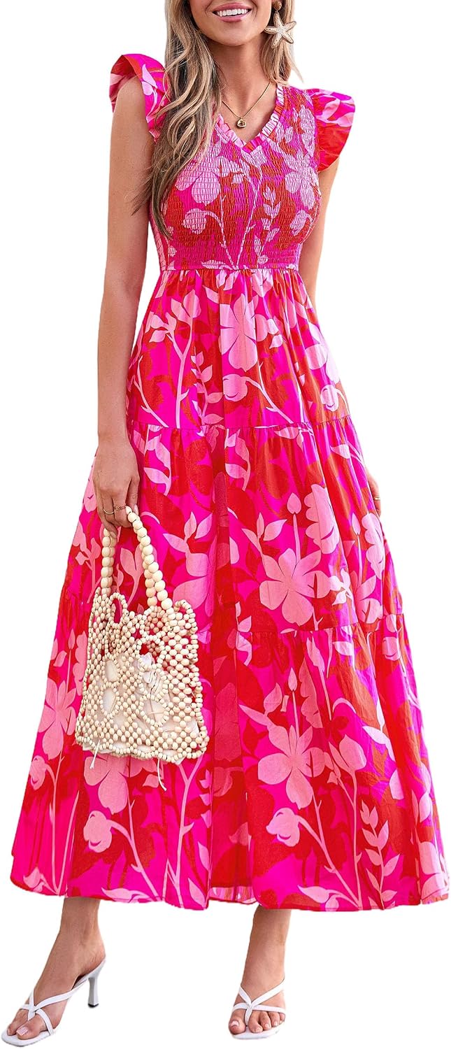 PRETTYGARDEN Women's Smocked Boho Floral Maxi Dress | V Neck Ruffle Sleeve, Long Flowy Sundress, Tiered A Line, Summer Spring Outfits for Beach Vacation, Wedding Guest, Tea Party