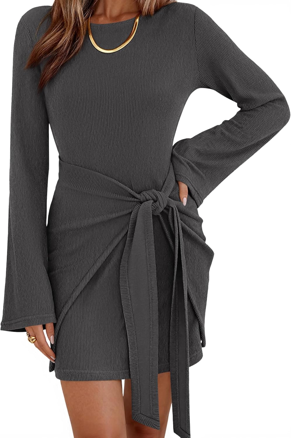 dowerme Women Bell Long Sleeve Tie Waist Bodycon Mini Dress | Casual Fall Fashion Boat Neck Short Dresses 2026,Cute Winter Tie Front Party Vacation Clothes,Soft Ribbed Knit Spring Outfits