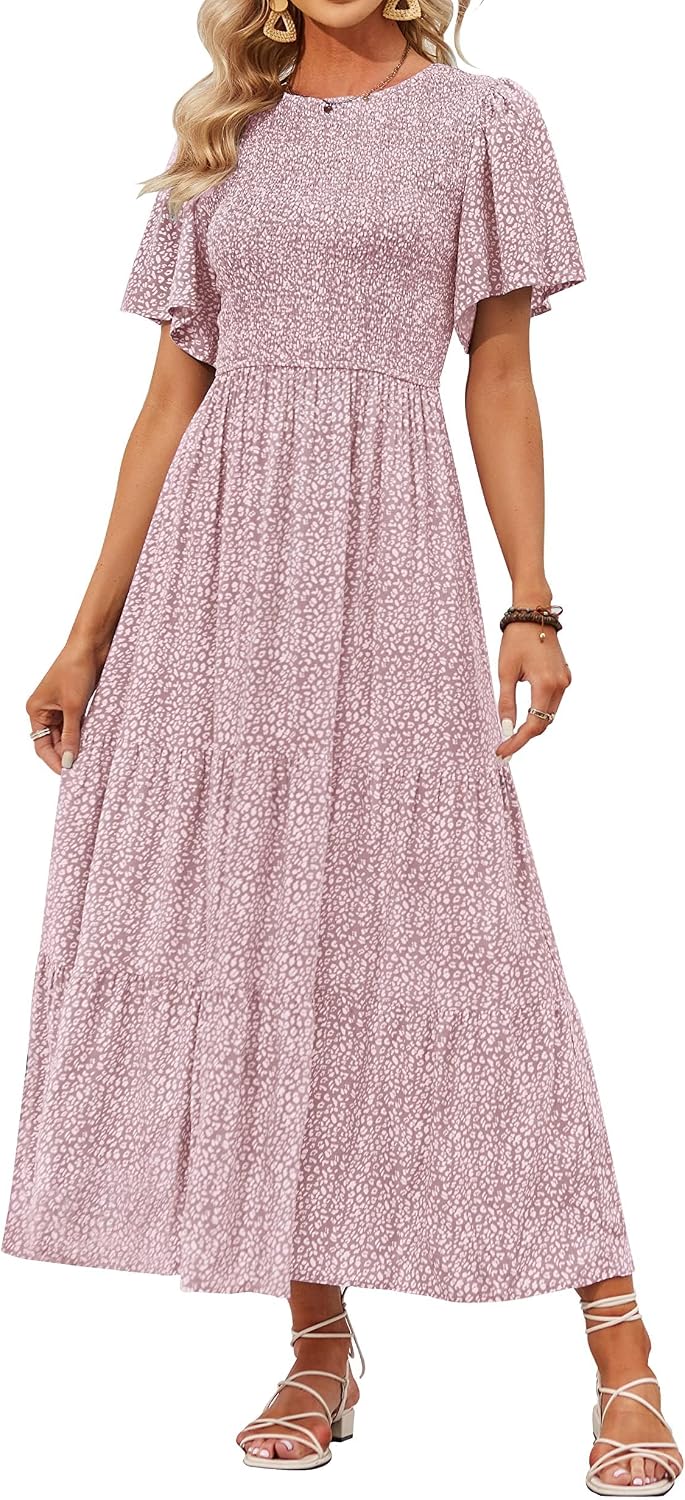 ZESICA Women's Summer Boho Floral Smocked Short Sleeve Maxi Dress | Tiered, Flowy, Elastic Waist, 2026 Casual Wedding Guest Date Holiday Beach Vacation Long Dresses