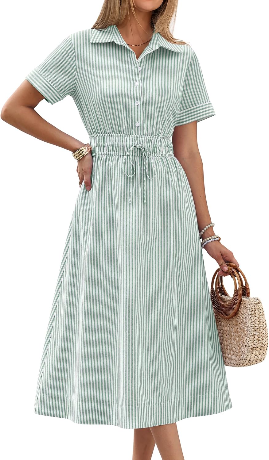 ANRABESS Women Summer Short Sleeve Midi Dress, Striped & Gingham, Casual A-Line Button Collar Shirt Dress, Beach & Vacation