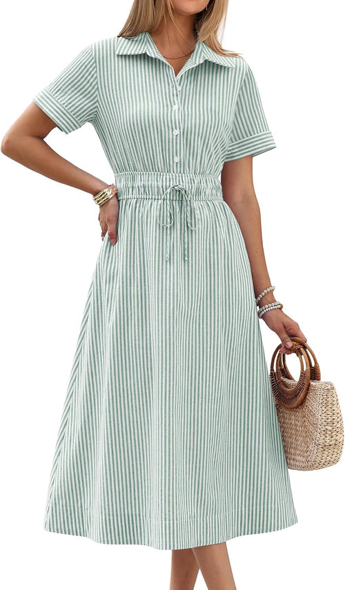 ANRABESS Women Summer Short Sleeve Midi Dress, Striped & Gingham, Casual A-Line Button Collar Shirt Dress, Beach & Vacation