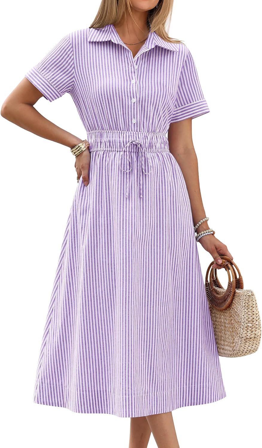 ANRABESS Women Summer Short Sleeve Midi Dress, Striped & Gingham, Casual A-Line Button Collar Shirt Dress, Beach & Vacation