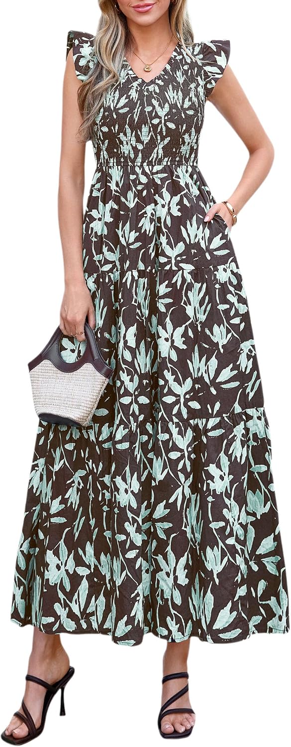 PRETTYGARDEN Women's Smocked Boho Floral Maxi Dress | V Neck Ruffle Sleeve, Long Flowy Sundress, Tiered A Line, Summer Spring Outfits for Beach Vacation, Wedding Guest, Tea Party
