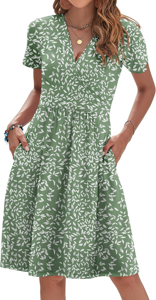 AUSELILY Womens Summer Dresses 2026 Short Sleeve V Neck Faux Wrap Dress | Surplice front, Pockets set into the skirt, Vacation dress for sightseeing, Style low heels with simple jewelry