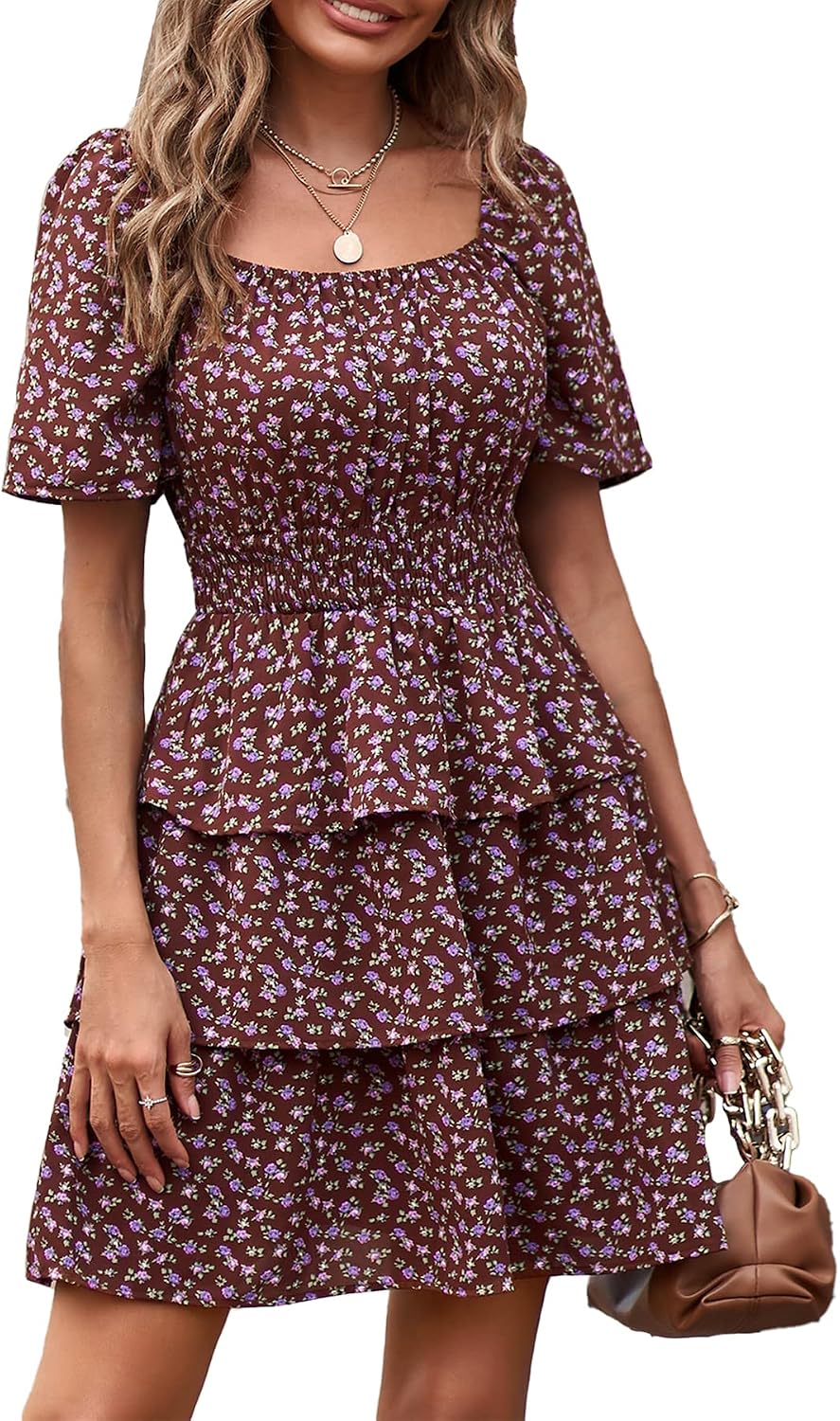 PRETTYGARDEN Women's Summer Floral Ruffle Short Dress | Short Sleeve Square Neck, Flowy Tiered Hem, Fit and Flare, Flower Boho Dresses, Cute Beach Vacation Outfits, Fashion Clothing
