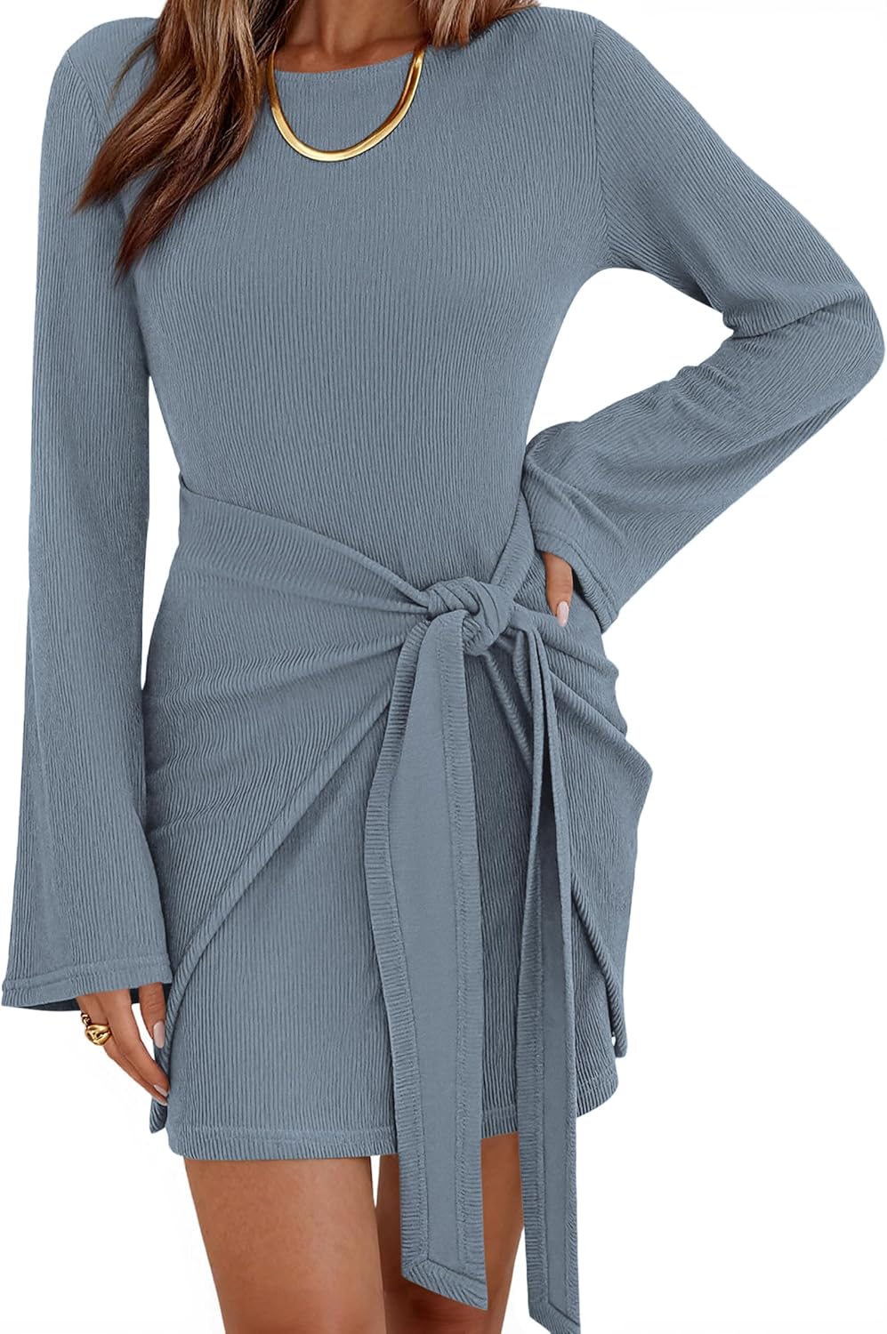 dowerme Women Bell Long Sleeve Tie Waist Bodycon Mini Dress | Casual Fall Fashion Boat Neck Short Dresses 2026,Cute Winter Tie Front Party Vacation Clothes,Soft Ribbed Knit Spring Outfits