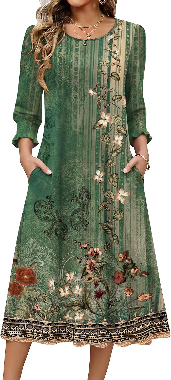 Zeagoo Summer Dresses for Women 2026 3\/4 Sleeve Dress for Women Floral Midi Dresses for Casual Womens Dresses with Pockets