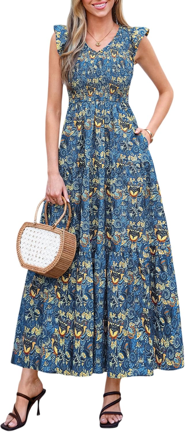 PRETTYGARDEN Women's Smocked Boho Floral Maxi Dress | V Neck Ruffle Sleeve, Long Flowy Sundress, Tiered A Line, Summer Spring Outfits for Beach Vacation, Wedding Guest, Tea Party