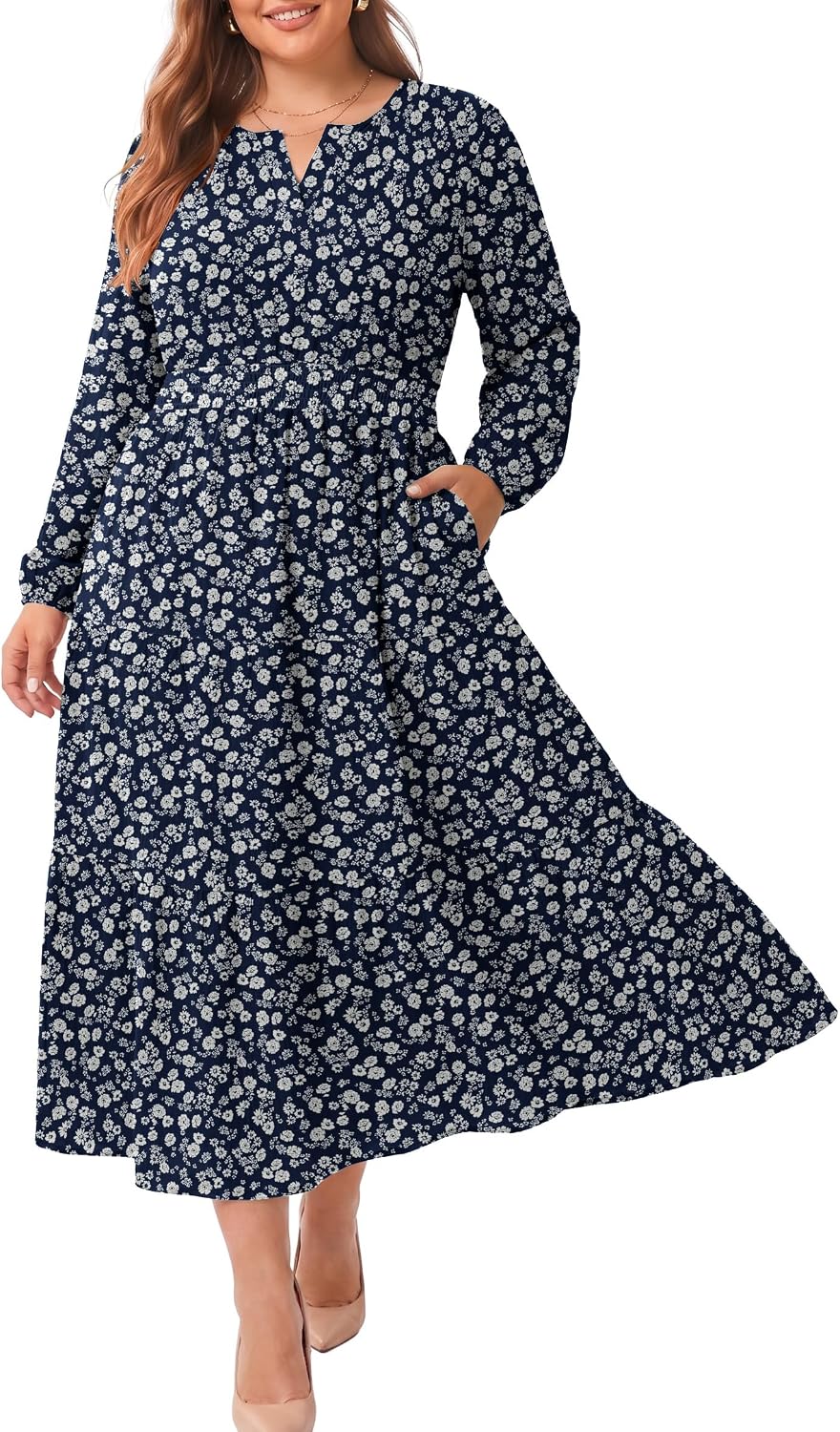 OLRIK Plus Size Fall Maxi Dress for Curvy Women Long Sleeve Pockets | Smocked Waist Tiered Skirt Deep Pockets Autumn Boho Maxi Dress for Wedding Guest Family Photo Teacher or Work Casual