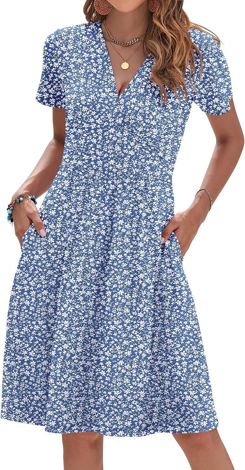 AUSELILY Womens Summer Dresses 2026 Short Sleeve V Neck Faux Wrap Dress | Surplice front, Pockets set into the skirt, Vacation dress for sightseeing, Style low heels with simple jewelry