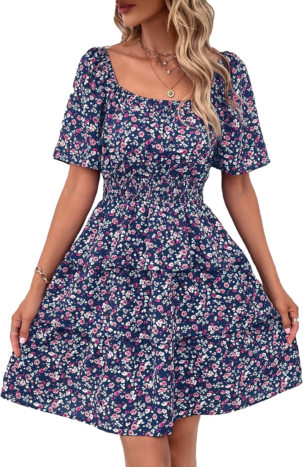 PRETTYGARDEN Women's Summer Floral Ruffle Short Dress | Short Sleeve Square Neck, Flowy Tiered Hem, Fit and Flare, Flower Boho Dresses, Cute Beach Vacation Outfits, Fashion Clothing