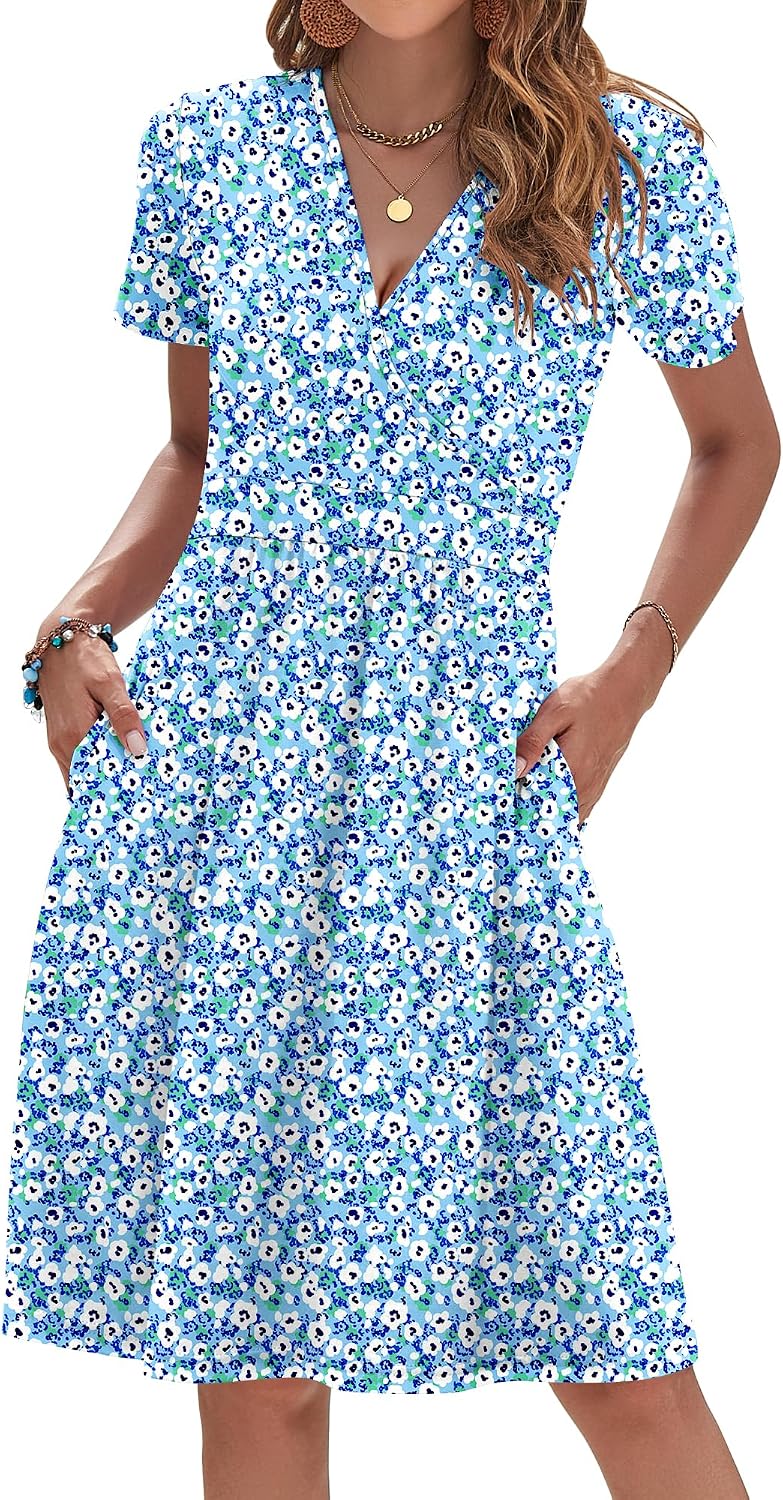 AUSELILY Womens Summer Dresses 2026 Short Sleeve V Neck Faux Wrap Dress | Surplice front, Pockets set into the skirt, Vacation dress for sightseeing, Style low heels with simple jewelry