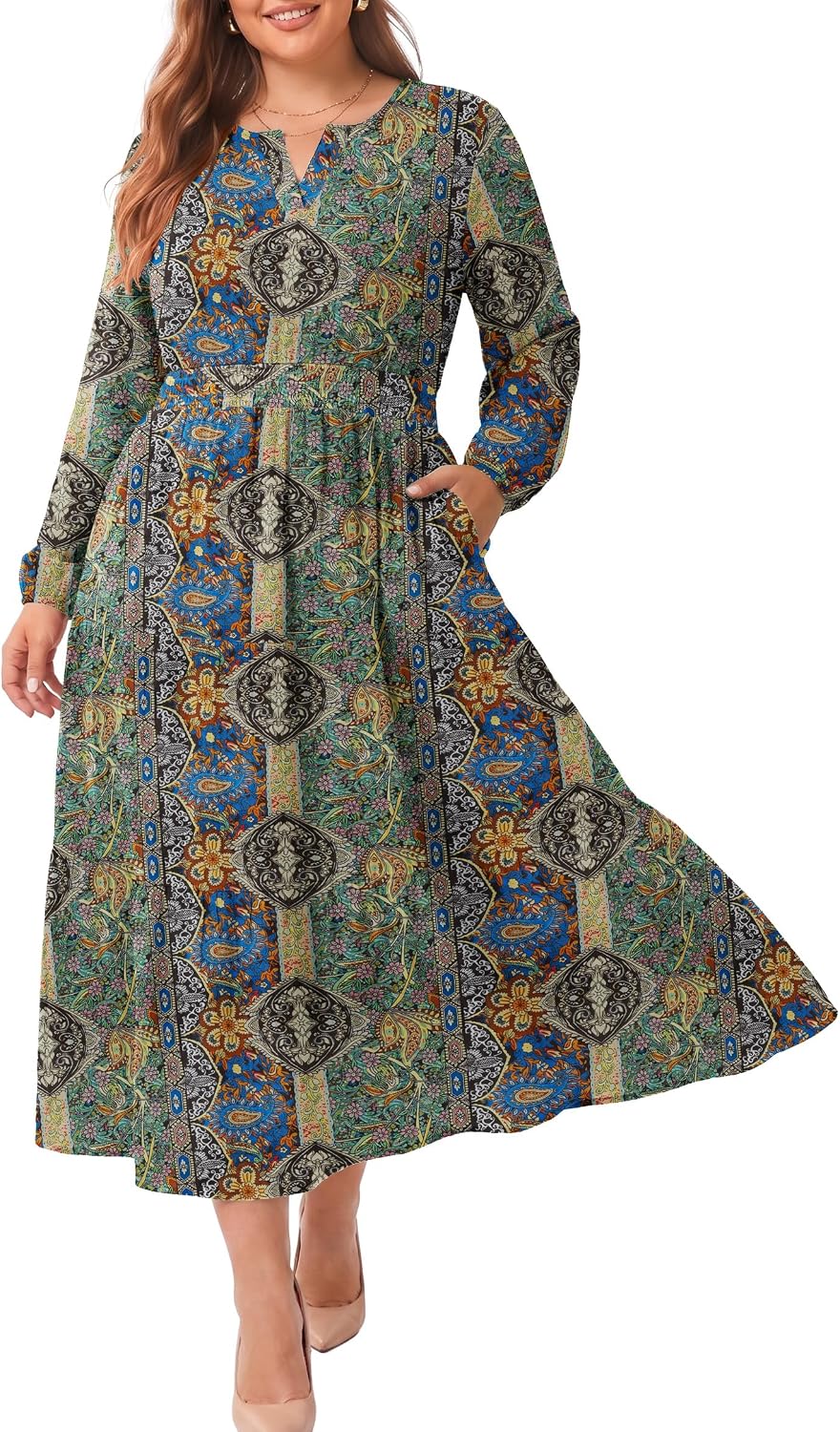 OLRIK Plus Size Fall Maxi Dress for Curvy Women Long Sleeve Pockets | Smocked Waist Tiered Skirt Deep Pockets Autumn Boho Maxi Dress for Wedding Guest Family Photo Teacher or Work Casual