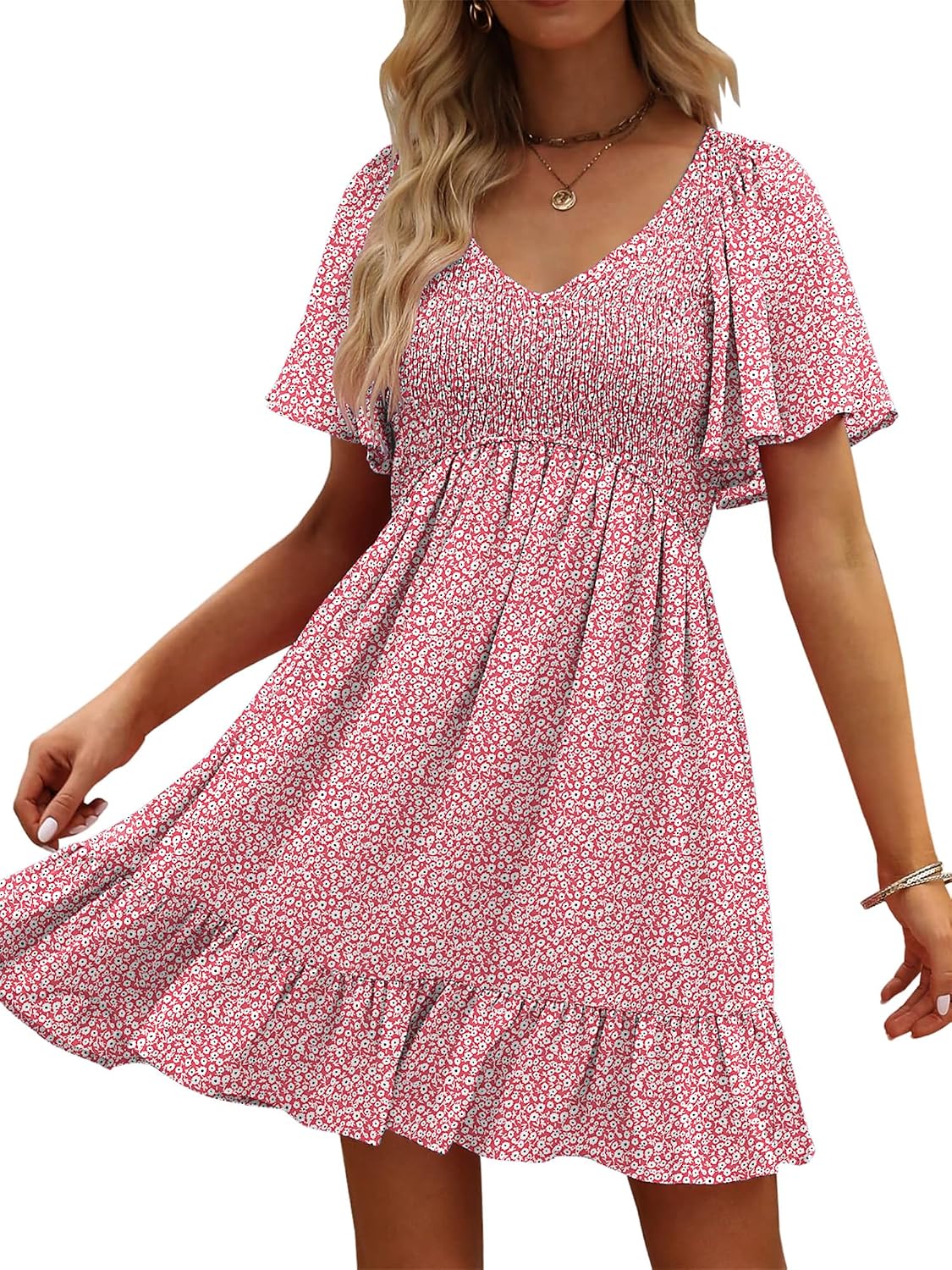 UEAL Womens Floral Smocked V Neck Casual Summer Sun Dresses | Aline, Pockets, Flowy, Cute, Empire Wiast, Flutter Sleeve, Knee Length, Bump Friendly, Beach Vacation, Resort Wear